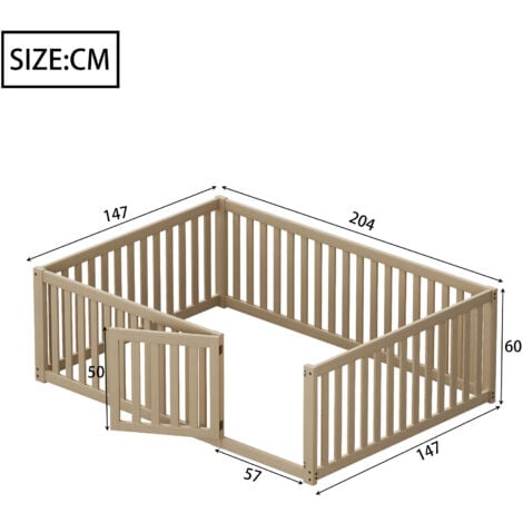 Lit enfant 140 x 200cm avec barrière et porte, lit cabane, lit simple, naturel, sans matelas