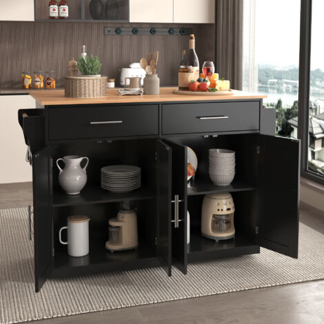 Hauss Spole – Desserte de cuisine 120x46cm – Plateau pliable en métal – 2 tiroirs et 3 portes – Corps en bois noir – Roulettes pour déplacement facile