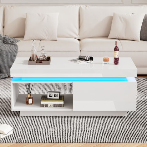 Table basse brillante, éclairage LED, 100x50x40,3 cm - Table élégante avec tiroir et capacité de charge de 50 kg, blanc (1/5)