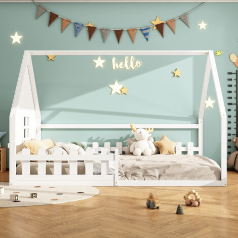Hauss Spole – Lit enfant cabane 140x200 cm – Barrière de sécurité intégrée – Structure en pin et MDF – Design forme maison – Sans matelas, blanc