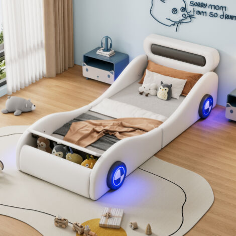 Lit enfant 90x200cm, lit simple moelleux, forme voiture avec roues lumineuses, rangements, PU, sans matelas, blanc