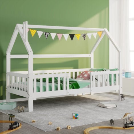 Lit Sol Montessori Enfant 90x200cm - Bois Pin, Matelas Inclus, Blanc