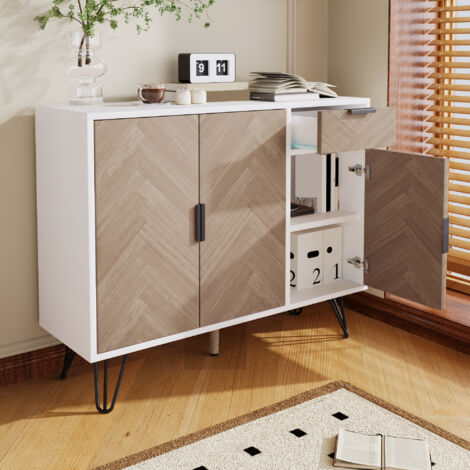 Meuble de rangement, buffet, avec tiroir et étagères réglables en hauteur, moderne, 90 x 30 x 71,5 cm, blanc+naturel (1/5)