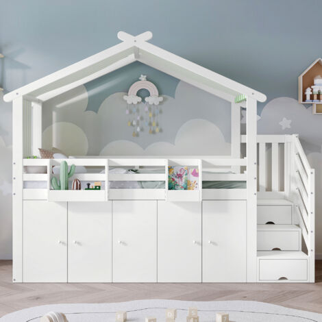 Hauss Spole – Lit mezzanine 90x200 cm enfant – 1 armoire et 2 casiers de rangement – Échelle latérale – Pin et MDF blanc – Certifié EN-747