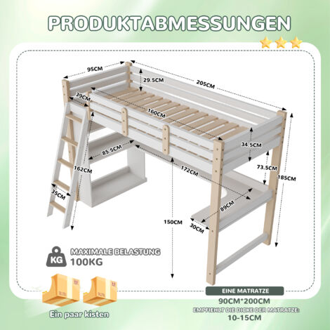 Lit mezzanine enfants échelle 90x200 cm bois pin massif 835889
