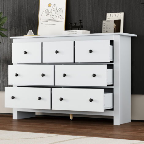 Hauss Spole – Commode blanche 7 tiroirs 152x40x89cm – Design moderne minimaliste – Structure robuste en panneaux de particules – Multifonctionnelle pour salon, chambre, cuisine (1/5)