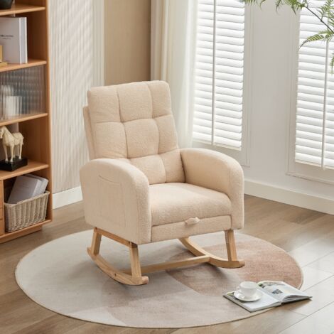 Hauss Spole – Fauteuil à bascule ergonomique en tissu teddy beige – Dossier haut 60cm – Structure en bois massif – Poches latérales pratiques (1/5)