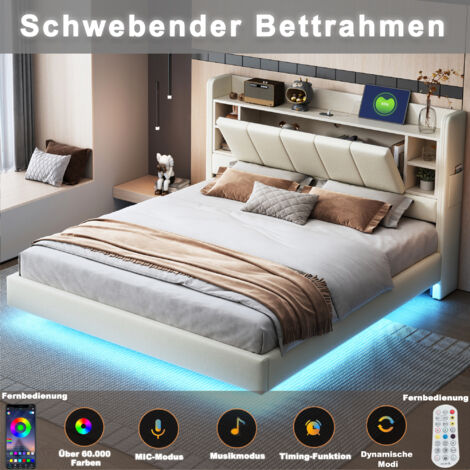 Lit double 160x200 cm, Lit adulte rembourré, prise USB + bandeau lumineux, tête de lit avec rangement, lin, sans matelas, beige (1/5)