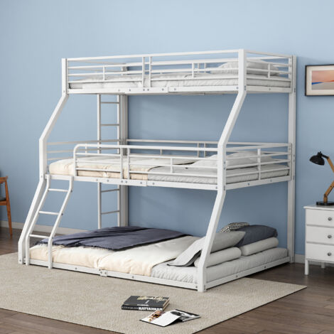 Lit Superposé Triple 90x200 + 140x200 Avec Tiroirs - Transformable En 3 Lits Séparés | Métal Blanc, Gain De Place Enfant/Adulte