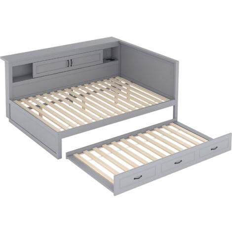 Lit 140x200 Avec Lit Gigogne 90x190 Et Bureau Intégré - Cadre Pin Et Aggloméré, Blanc, étagères - Sans Matelas