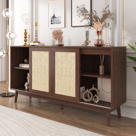 Buffet 155x38x80 cm, meuble TV, meuble de rangement, 3 portes coulissantes en rotin et 2 tiroirs, bois, marron (1/5)