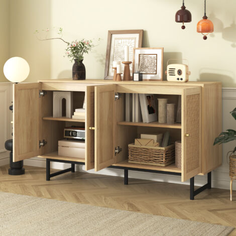 Hauss Spole – Buffet en bois avec 4 portes en rotin tressé – Dimensions 140x39,5x80 cm – Compatible aspirateurs robots – Grand espace de rangement (1/5)