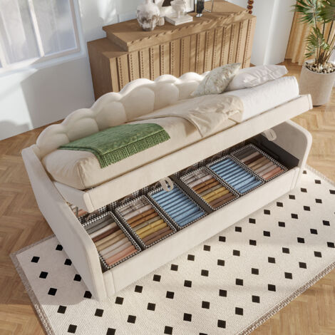 Lit 90x200cm, lit coffre/simple, avec LED + télécommande, Lit hydraulique (matelas non inclus), velours, beige (1/5)