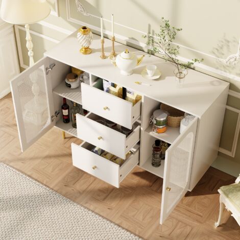 Buffet 150 Cm, Rectangulaire, Avec 4 Portes De Rangement, Design à Rayures, Pieds En Métal, étagères, Esthétique Scandinave, Meubles De Salon En Bois - Blanc