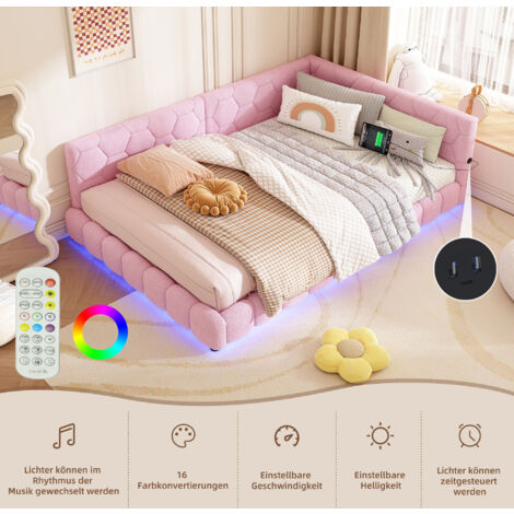 Canapé-lit rembourré 140x200 cm, LED, port USB, Type-C, lit adulte/enfant, sans matelas, Imitation cachemire, rose (1/5)