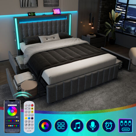 Lit adulte rembourré 160x200cm, USB Type C + LED, lin, lit double avec 4 tiroirs, gris, sans matelas (1/5)