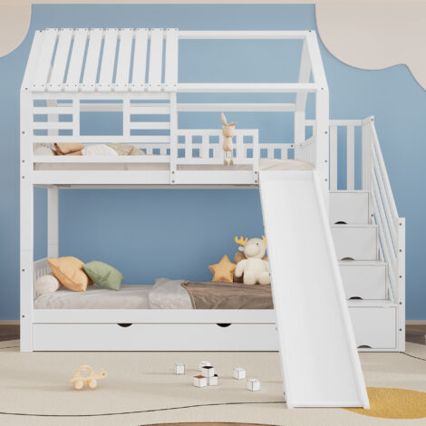 Lit superposé 90x200cm avec tiroirs, lit enfant avec toboggan, rangement dans l'escalier, pin + MDF, blanc, sans matelas-B (1/5)