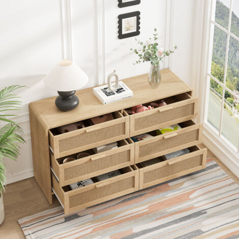 Hauss Spole – Commode 130 cm en rotin naturel – Buffet de rangement 6 tiroirs – Construction robuste en panneaux de particules – Capacité de 100 kg (1/5)