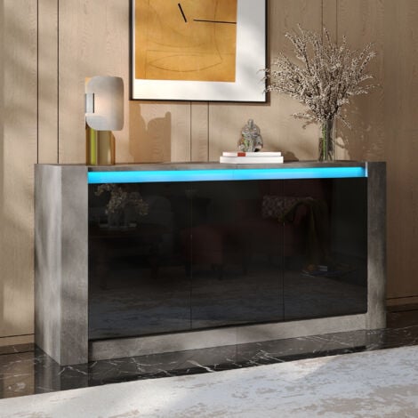 Buffet 150x40x75 cm, avec LED, 3 portes + 6 compartiments, étagères réglables, adapté au salon et à la cuisine - HAUSS SPOLE, noir