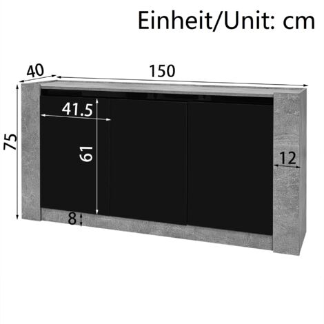 Buffet 150x40x75 cm, avec LED, 3 portes + 6 compartiments, étagères réglables, adapté au salon et à la cuisine - HAUSS SPOLE, noir