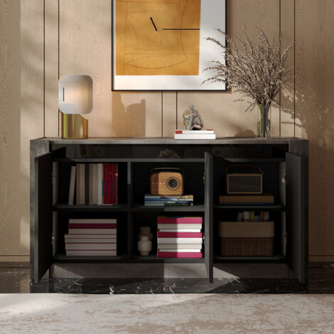 Buffet 150x40x75 cm, avec LED, 3 portes + 6 compartiments, étagères réglables, adapté au salon et à la cuisine - HAUSS SPOLE, noir