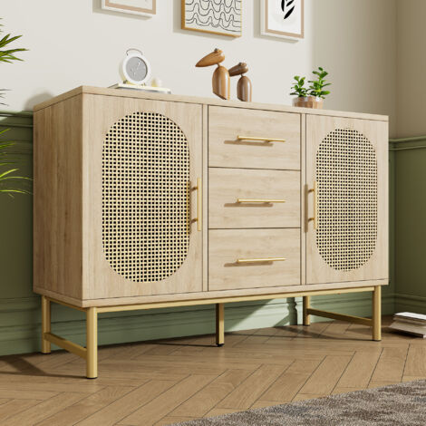 Buffet 120x40x74cm, avec 3 tiroirs et 2 portes, étagères réglables, rangement de salon, commode, métal, couleur naturelle - HAUSS SPOLE (1/5)