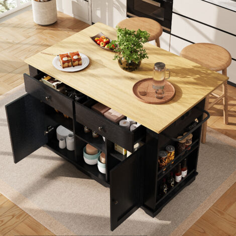 Meuble de cuisine 151.5 x 59.7 x 91.7 cm, desserte de cuisine, avec 2 tiroirs, 6 unités de stockage, multiprise, MDF, noir - HAUSS SPOLE