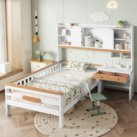 Hauss Spole – Lit enfant 90x200 cm avec meuble de rangement – Structure en L en pin – Tiroirs et table intégrés – Blanc et naturel (1/5)