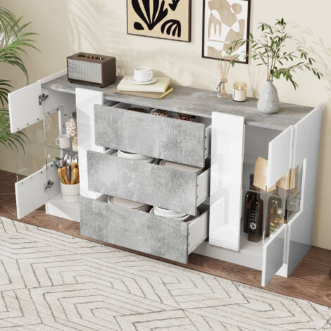 Buffet de cuisine 140x35x75cm , 2 portes + 3 tiroirs, avec LED 16 couleurs, commode de salon, MDF, blanc - HAUSS SPOLE (1/5)