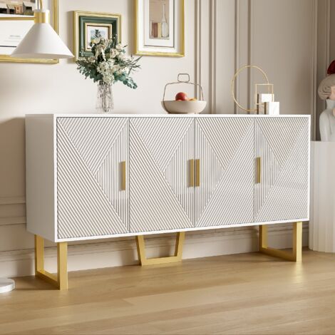 Buffet 4 Portes 160x40x82 Cm - Meuble Rangement Salon/Salle à Manger - Noir Avec Poignées Or