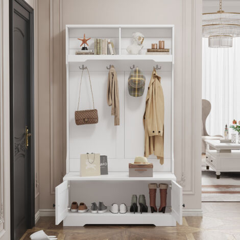 Meuble à chaussures de salon 101.5x47x183cm, espace de rangement ouvert, armoire de chambre, avec 2 portes, 2 étagères, 4 patères, blanc (1/5)