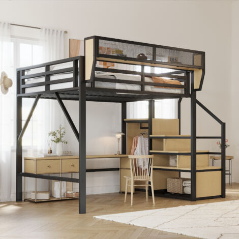 Lit Mezzanine Enfant 140x200 cm – Structure métallique, échelle de sécurité + penderie, lit simple, sans matelas, noir (1/5)
