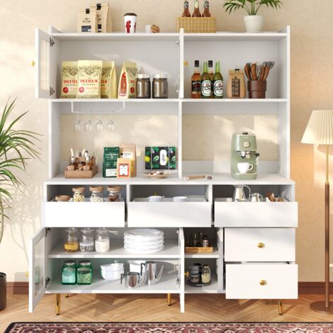 Buffet cuisine salon, 4 portes verre + 5 pieds métal – Meuble MDF, Armoire haute de salon,145x39x171cm, blanc (1/5)