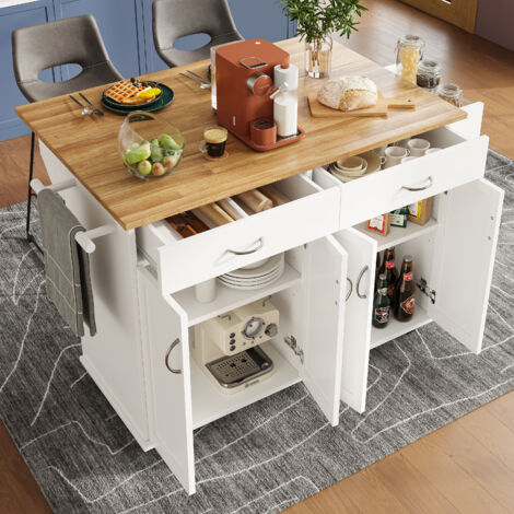Desserte de cuisine 106×50×90,5 cm, 2 tiroirs + 4 portes, avec plan de travail rabattable, meuble de cuisine, MDF, blanc (1/5)