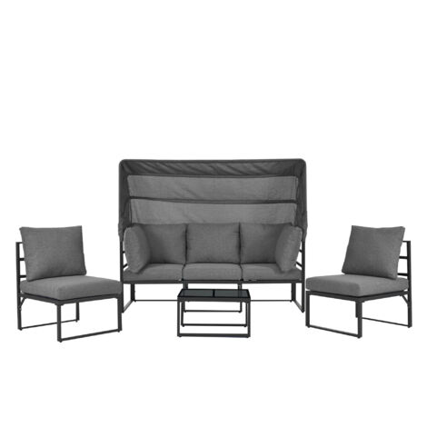 COSTWAY Salon Jardin 4Pièces Acier - Canapé, 2 Fauteuils, Table Verre Trempé Gris