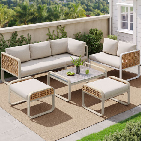 Salon de jardin pour 6-7 personnes, tabouret + table basse, canapé de jardin en rotin avec coussins, structure en métal, beige (1/5)