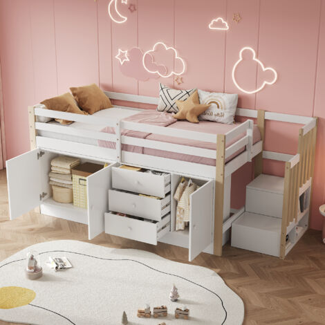 Lit mezzanine enfant 90×200 cm, 3 tiroirs +3 portes, barrières de sécurité et escalier de rangement, sans matelas, MDF, blanc