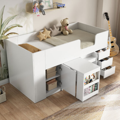 Lit Mezzanine Blanc 90x200cm Avec Bureau Et Rangements Intégrés - Idéal Pour Chambre D'enfant Ou étudiant