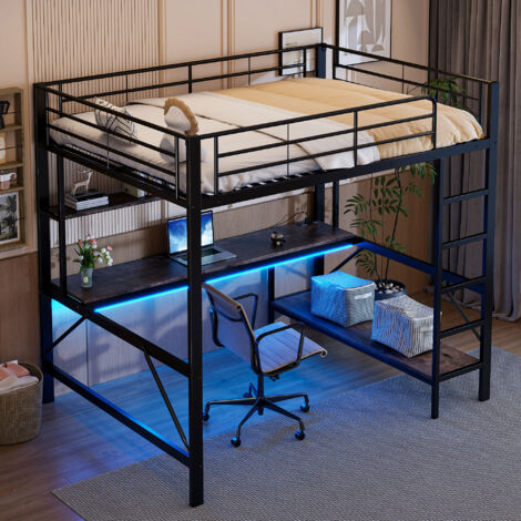 Lit140×200 cm, lit mezzanine LED, avec bureau et étagère, USB + prise, antichute, sans matelas, métal, noir