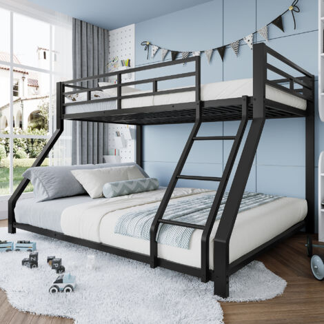 Lit superposé 90/140×200cm, lit enfant 2-3 personnes, avec échelle, antichute, cadre en métal, sans matelas, noir