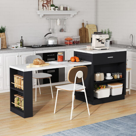 Buffet80×55×89.5cm, avec table à manger extensible, 4-6 personnes, prise + USB, 2 tiroirs, meuble rangement de cuisine, MDF, noir (1/5)