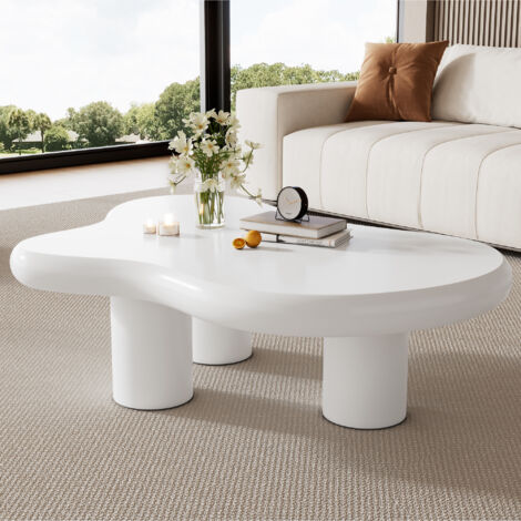 Table basse irrégulière 97×67×32cm, avec patin en feutre, table d'appoint pour salon chambre, MDF, blanc (1/5)