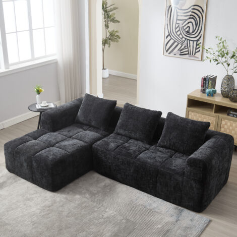 Hauss Spole – Canapé d'angle 3 places noir – Tissu chenille doux – Dimensions 250 × 158 × 60 cm – 3 oreillers – Design moderne et rembourré