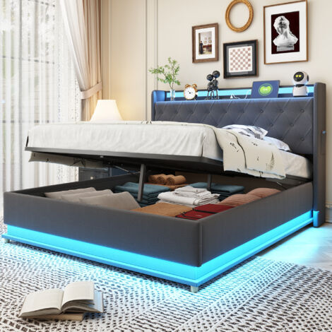 Lit coffre adulte 140×200 cm, hydraulique, avec LED, USB, sommier tapissier, sans matelas, lin, gris (1/5)