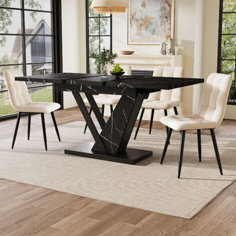 Table à manger extensible noir, rectangle, MDF, pour cuisine et salon, placage en marbre, 120/160×75×75.5cm