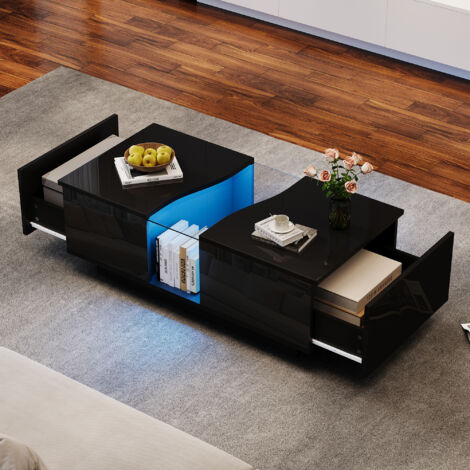 Table basse rectangle à LED avec rangement, 2 tiroirs, table d'appoint pour salon et chambre, MDF, 100×50×35 cm, noir (1/5)