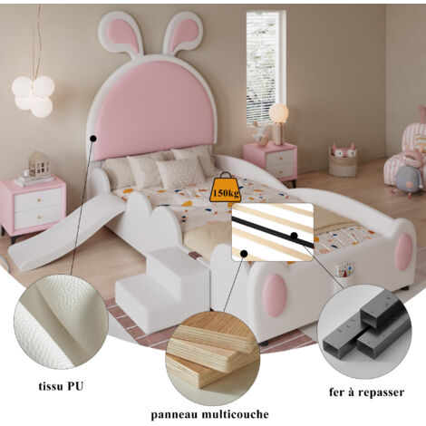 Lit Enfant 90x200 Avec Toboggan Et Escalier - Tête De Lit Patte De Chat, Rembourrage PU Rose, Sommier à Lattes