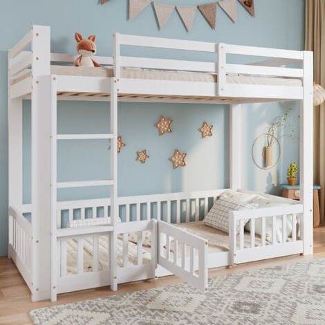 Lit superposé enfant 2 personnes en bois 90x200cm avec échelle, sans matelas, antichute, blanc
