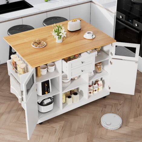 Desserte de cuisine à roulettes avec table de bar pliante, buffet, 1 tiroir+4 portes, étagères réglables, MDF, blanc