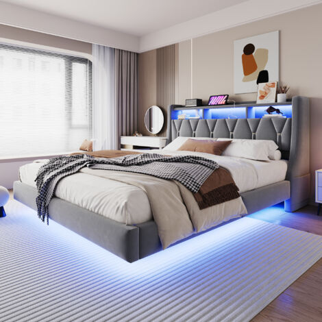 Lit Double 180x200 Cm Avec Tête De Lit LED Et Sommier à Lattes - Velours Côtelé Beige, Rangement Intégré, Support 280 Kg - Design Moderne